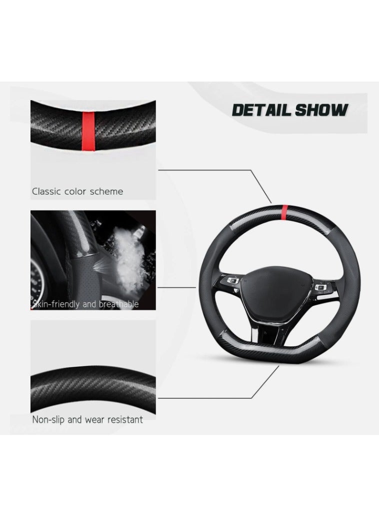 Generic D-SHAPE BLACK CARBON FIBER X RED LINE STEERING WHEEL COVER - Image 2