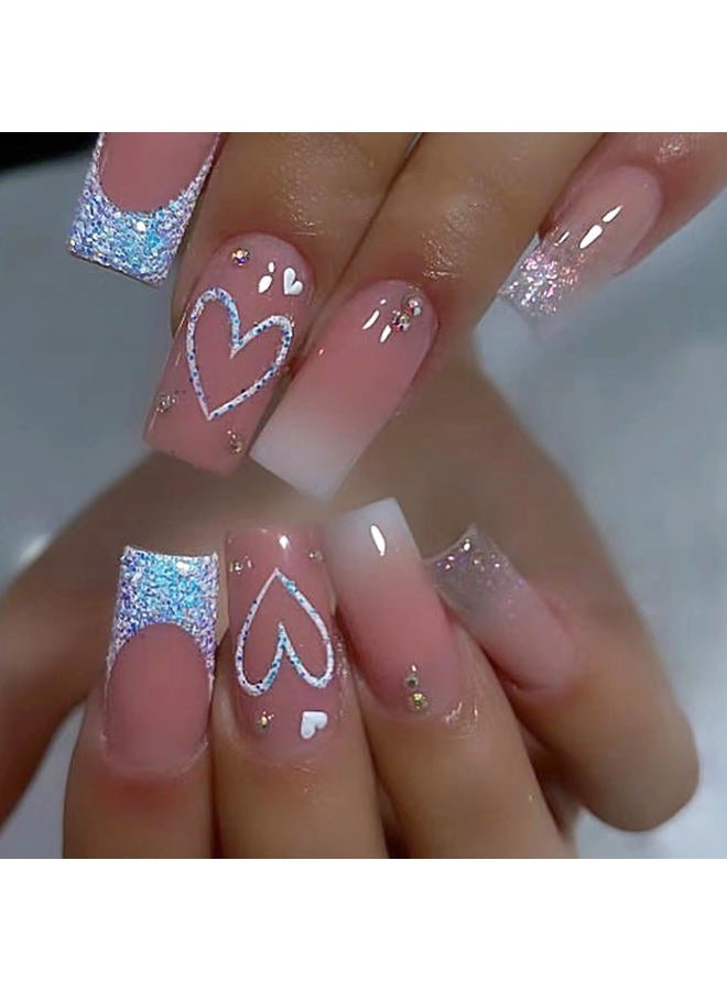 Vopintpy Blue Glitter French Tip Heart Glossy Gradient False Nails with Rhinestones - Reusable Stick on Nails - Medium Square Set - Image 1