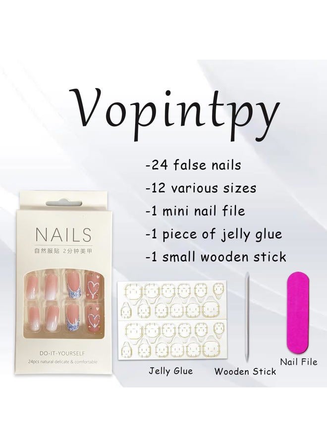 Vopintpy Blue Glitter French Tip Heart Glossy Gradient False Nails with Rhinestones - Reusable Stick on Nails - Medium Square Set - Image 5