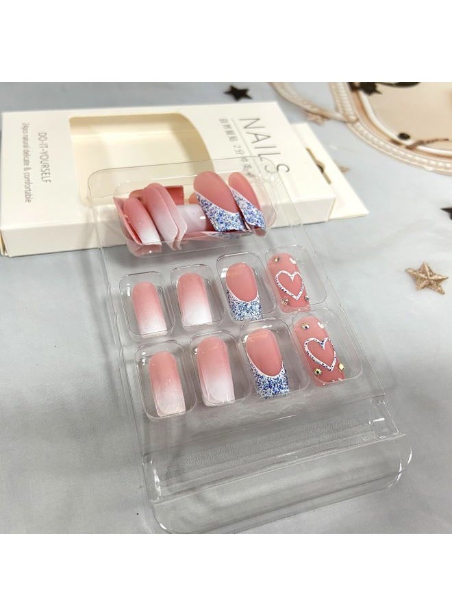 Vopintpy Blue Glitter French Tip Heart Glossy Gradient False Nails with Rhinestones - Reusable Stick on Nails - Medium Square Set - Image 4
