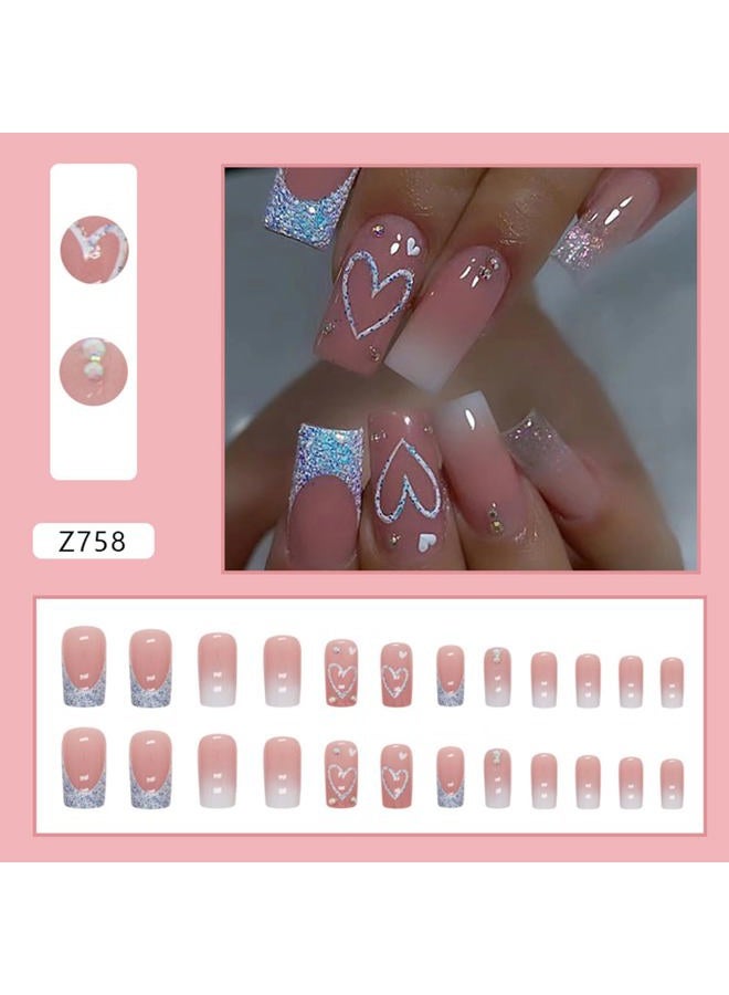 Vopintpy Blue Glitter French Tip Heart Glossy Gradient False Nails with Rhinestones - Reusable Stick on Nails - Medium Square Set - Image 2