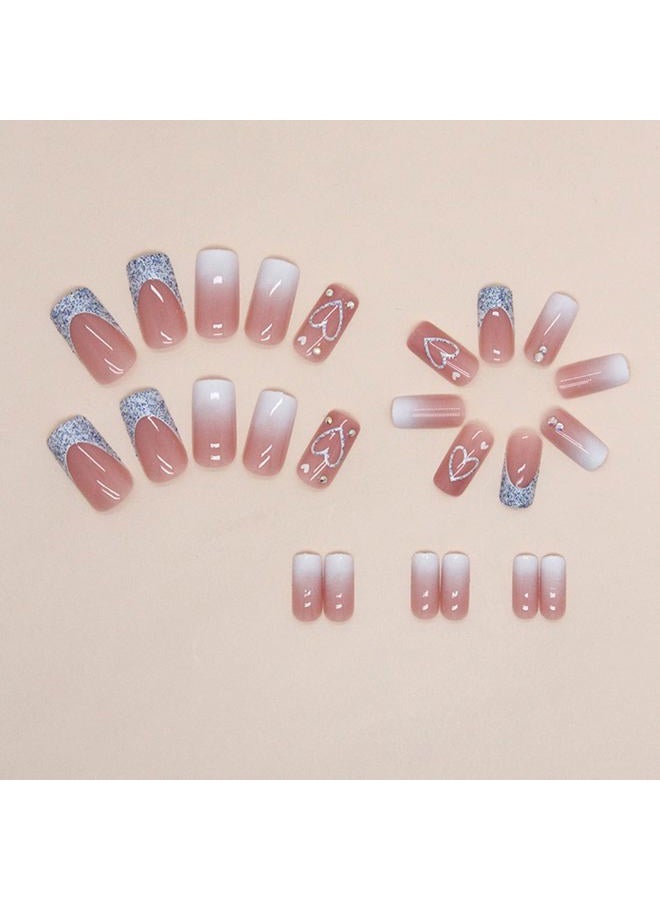 Vopintpy Blue Glitter French Tip Heart Glossy Gradient False Nails with Rhinestones - Reusable Stick on Nails - Medium Square Set - Image 3