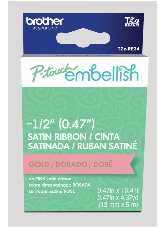 brother P-Touch Embellish Gold Print On Pink Satin Ribbon Tzere34   Wide X 13.1 Long For Use With P-Touch Embellish Ribbon And Tape Printer  - Image 1