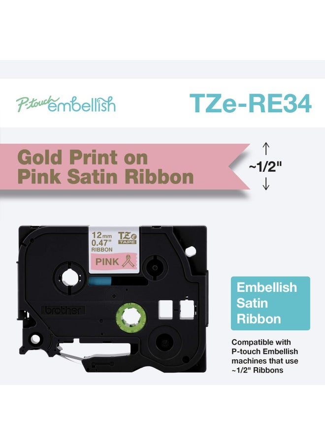 brother P-Touch Embellish Gold Print On Pink Satin Ribbon Tzere34   Wide X 13.1 Long For Use With P-Touch Embellish Ribbon And Tape Printer  - Image 2