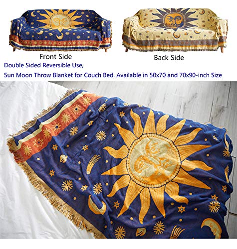 Erke Moon and Sun Throw Blanket Celestial Chair Recliner Cover Bed Spread Hippie Room Decor, Double Sided Cotton Woven Sofa Couch Furniture Aesthetic Witchy Throws - 50" X 70", Yellow/Blue - Image 2