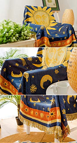 Erke Moon and Sun Throw Blanket Celestial Chair Recliner Cover Bed Spread Hippie Room Decor, Double Sided Cotton Woven Sofa Couch Furniture Aesthetic Witchy Throws - 50" X 70", Yellow/Blue - Image 5