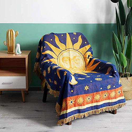 Erke Moon and Sun Throw Blanket Celestial Chair Recliner Cover Bed Spread Hippie Room Decor, Double Sided Cotton Woven Sofa Couch Furniture Aesthetic Witchy Throws - 50" X 70", Yellow/Blue - Image 4