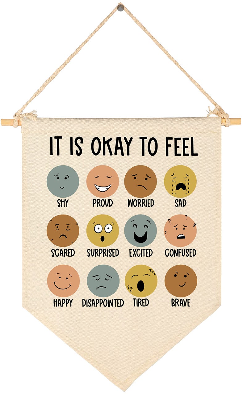 It Is Okay to FeelClassroom Poster DecorTeacher GiftsCanvas Hanging Pennant Flag Banner Wall Sign Decor for Nursery Reading RoomPositive Growth Mindset Mental Health Quotes for Baby Kids Girl Boy