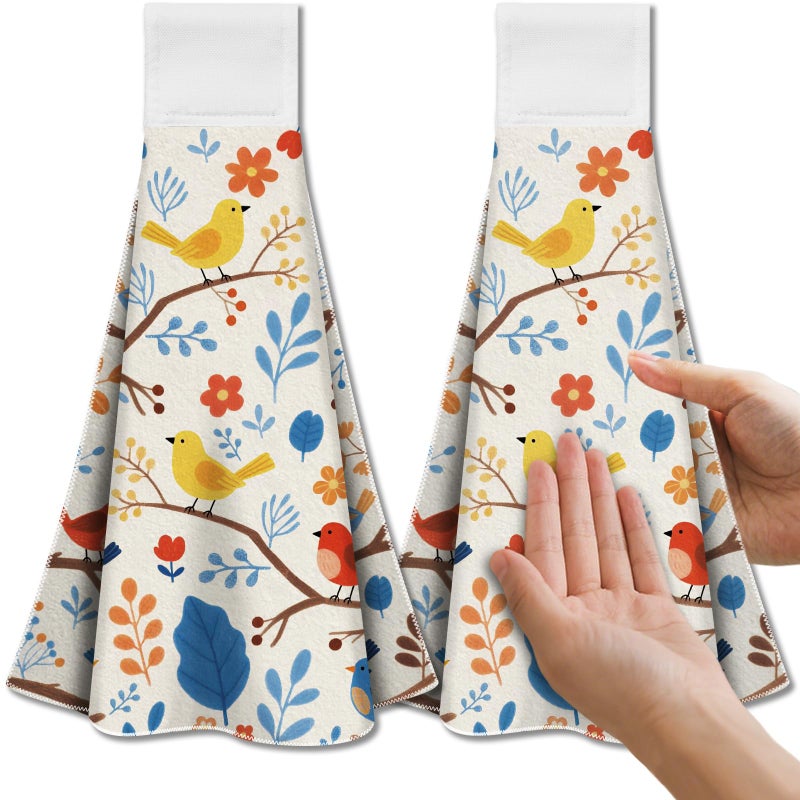 CUTHOLLOW Cartoon Flower and Bird Hanging Kitchen Towels with Loop, Set of 2 - Soft & Super Absorbent Microfiber Decorative Hanging Dish & Hand Towel, Tea Coffee Towel for Kitchen Bathroom Oven Handle - Image 1