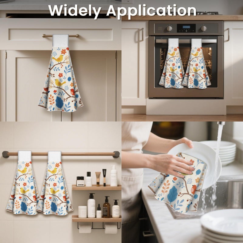 CUTHOLLOW Cartoon Flower and Bird Hanging Kitchen Towels with Loop, Set of 2 - Soft & Super Absorbent Microfiber Decorative Hanging Dish & Hand Towel, Tea Coffee Towel for Kitchen Bathroom Oven Handle - Image 4