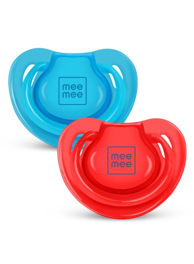 Mee Mee Baby Pacifier Ultra Light Soft Silicone Nipple| BPA Free | Oral stimulatory | Teether | Pack of 2 | 0-6 months + Kids (Blue/Red) - Image 1