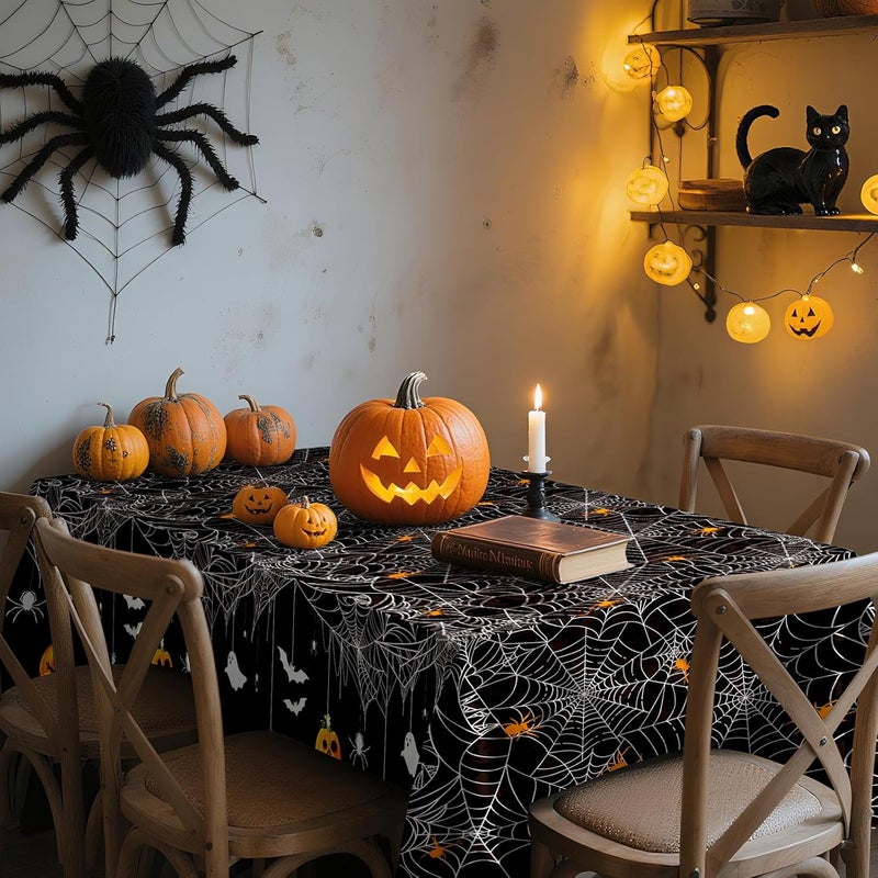 Oudain 3 Pcs Halloween Tablecloth Spider Web Plastic Rectangle Table Cloth 54 x 108 Inch Waterproof Disposable Spider Web Table Cloth for Home Halloween Party Decorations (Spooky,Black) - Image 5