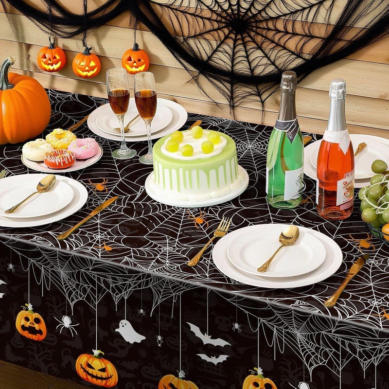 Oudain 3 Pcs Halloween Tablecloth Spider Web Plastic Rectangle Table Cloth 54 x 108 Inch Waterproof Disposable Spider Web Table Cloth for Home Halloween Party Decorations (Spooky,Black) - Image 3