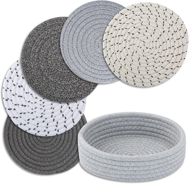 Cazzon Trivets for Hot Dishes Pots and Pans Hot Pads with Storage Basket Pot Holders for Kitchen Heat Resistant Mat Protect Counter Home Essentials Farmhouse Decor Mix Gray 5 PCS - Image 1