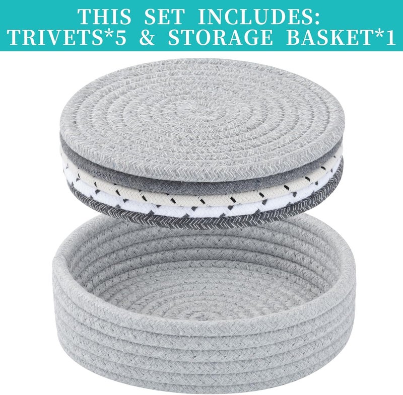 Cazzon Trivets for Hot Dishes Pots and Pans Hot Pads with Storage Basket Pot Holders for Kitchen Heat Resistant Mat Protect Counter Home Essentials Farmhouse Decor Mix Gray 5 PCS - Image 2