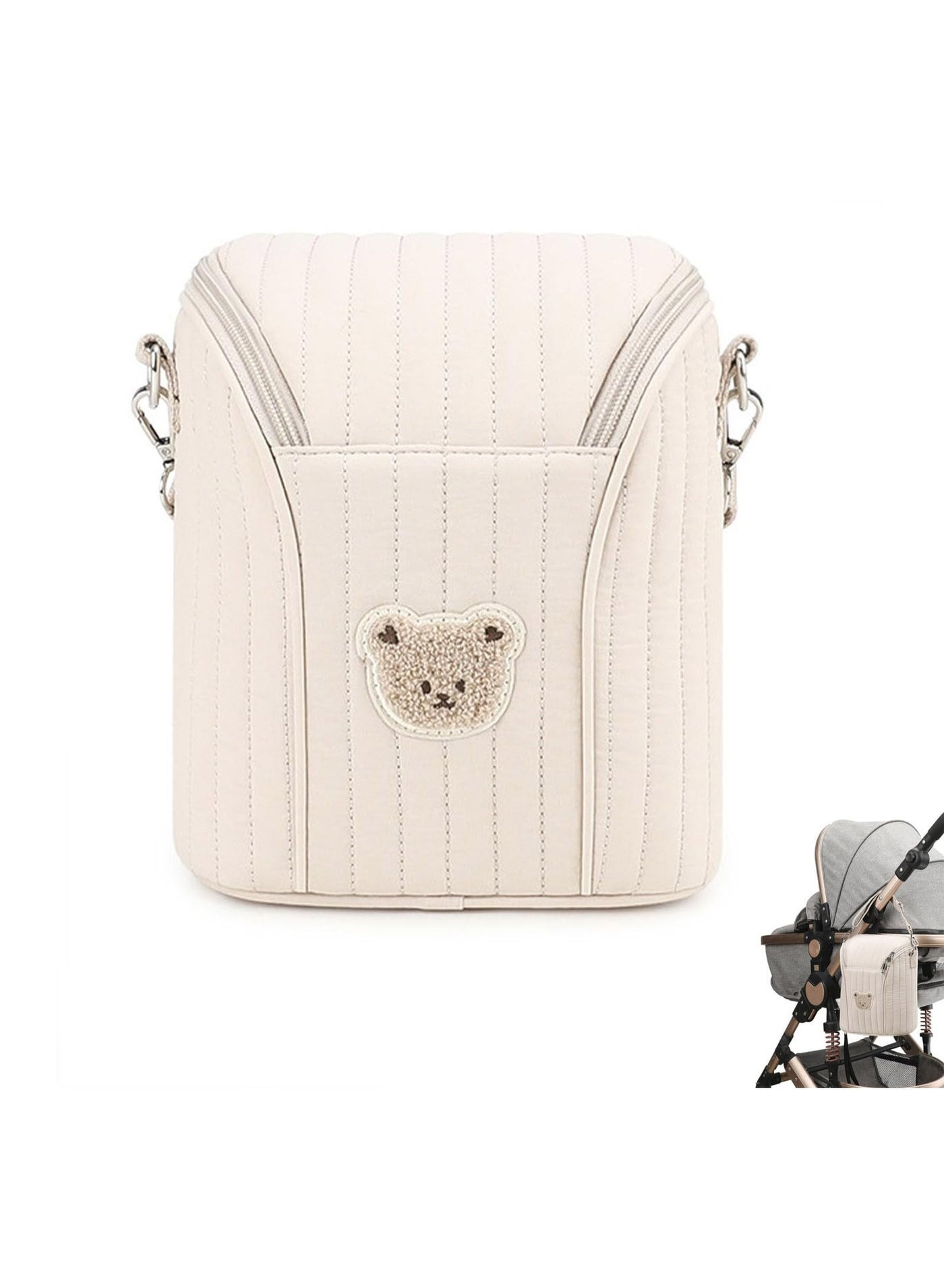 Insulated Breastmilk Storage Cooler Bag with Double Zipper, Bear Design, Adjustable Strap, Beige