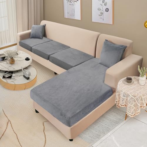 NAISI Sectional Couch Cover 4 Pieces Velvet Separate Couch Cushion Covers L Shape Soft Stretch Sofa Slipcovers with 2pcs Pillowcases for Left/Right Chaise Sectional Couch(3 Seater+1 Chaise,Dark Grey) - Image 2