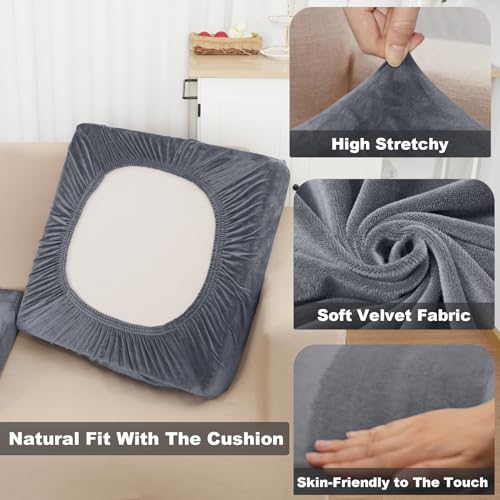 NAISI Sectional Couch Cover 4 Pieces Velvet Separate Couch Cushion Covers L Shape Soft Stretch Sofa Slipcovers with 2pcs Pillowcases for Left/Right Chaise Sectional Couch(3 Seater+1 Chaise,Dark Grey) - Image 5