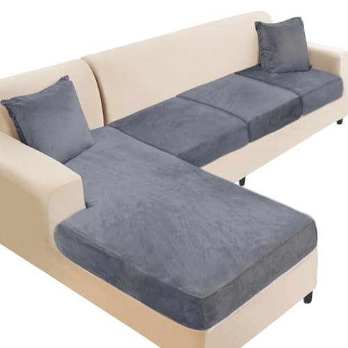 NAISI Sectional Couch Cover 4 Pieces Velvet Separate Couch Cushion Covers L Shape Soft Stretch Sofa Slipcovers with 2pcs Pillowcases for Left/Right Chaise Sectional Couch(3 Seater+1 Chaise,Dark Grey) - Image 1