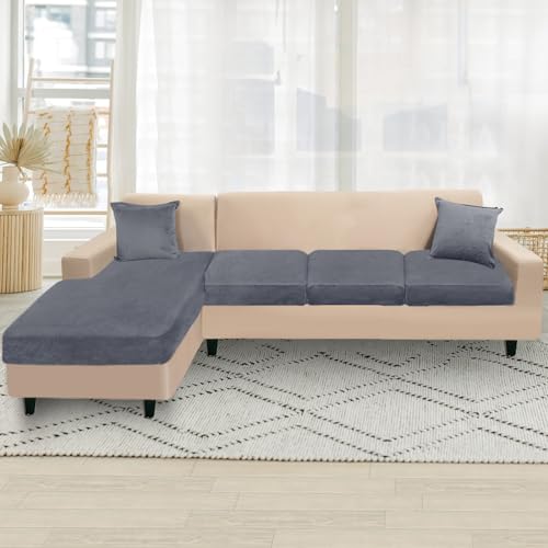 NAISI Sectional Couch Cover 4 Pieces Velvet Separate Couch Cushion Covers L Shape Soft Stretch Sofa Slipcovers with 2pcs Pillowcases for Left/Right Chaise Sectional Couch(3 Seater+1 Chaise,Dark Grey) - Image 3