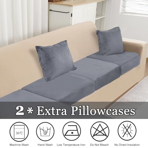 NAISI Sectional Couch Cover 4 Pieces Velvet Separate Couch Cushion Covers L Shape Soft Stretch Sofa Slipcovers with 2pcs Pillowcases for Left/Right Chaise Sectional Couch(3 Seater+1 Chaise,Dark Grey) - Image 4