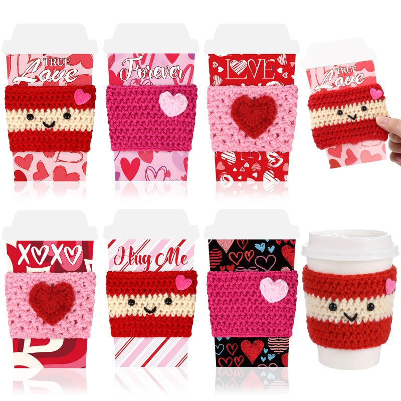 Potchen 6 Set Valentine's Day Gift Card Holders with Heart Crochet Coffee Cozy Sleeve Valentines Coffee Cup Gift Card Sleeves for Appreciation Teacher Friends Colleague Staff Party Favors - Image 1