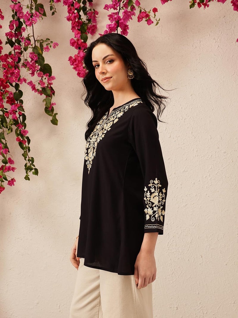 QAZMI Women Rayon Regular Fit Jasmine Kashmiri A-Line Short Kurti_XS Black - Image 5