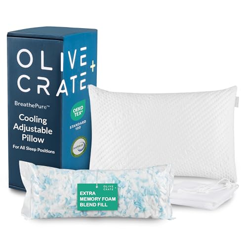 Olive + Crate BreathePure™ Adjustable Cooling Shredded Memory Foam Pillow - Breathable Bamboo Viscose Cover for Temperature Control - Gel Pillows for Side Sleepers - Queen Size - Image 1
