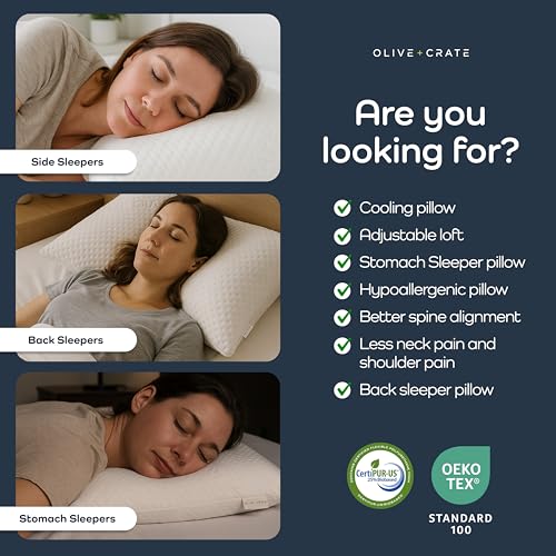 Olive + Crate BreathePure™ Adjustable Cooling Shredded Memory Foam Pillow - Breathable Bamboo Viscose Cover for Temperature Control - Gel Pillows for Side Sleepers - Queen Size - Image 3