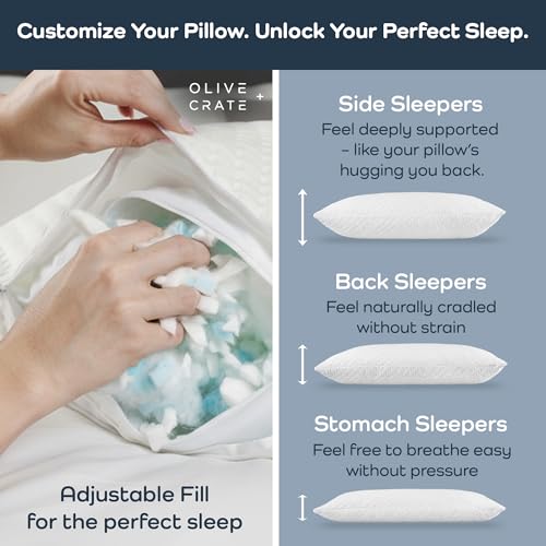Olive + Crate BreathePure™ Adjustable Cooling Shredded Memory Foam Pillow - Breathable Bamboo Viscose Cover for Temperature Control - Gel Pillows for Side Sleepers - Queen Size - Image 4