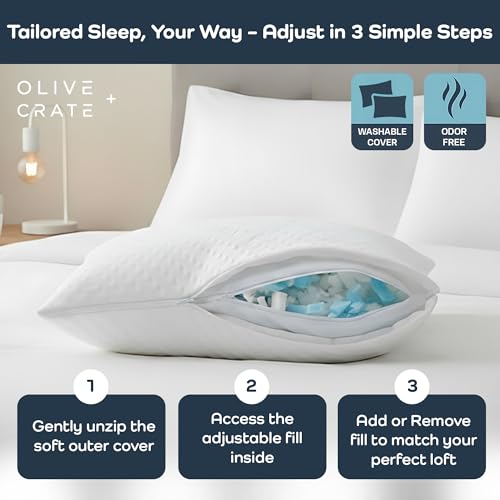 Olive + Crate BreathePure™ Adjustable Cooling Shredded Memory Foam Pillow - Breathable Bamboo Viscose Cover for Temperature Control - Gel Pillows for Side Sleepers - Queen Size - Image 5