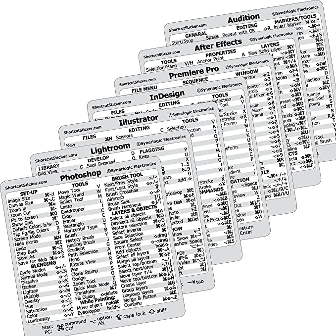 Synerlogic SYNERLOGIC Adobe Collection 7in1 Quick Reference Keyboard Shortcut Sticker NoResidue Laminated Vinyl for Any MacBook or Windows PC