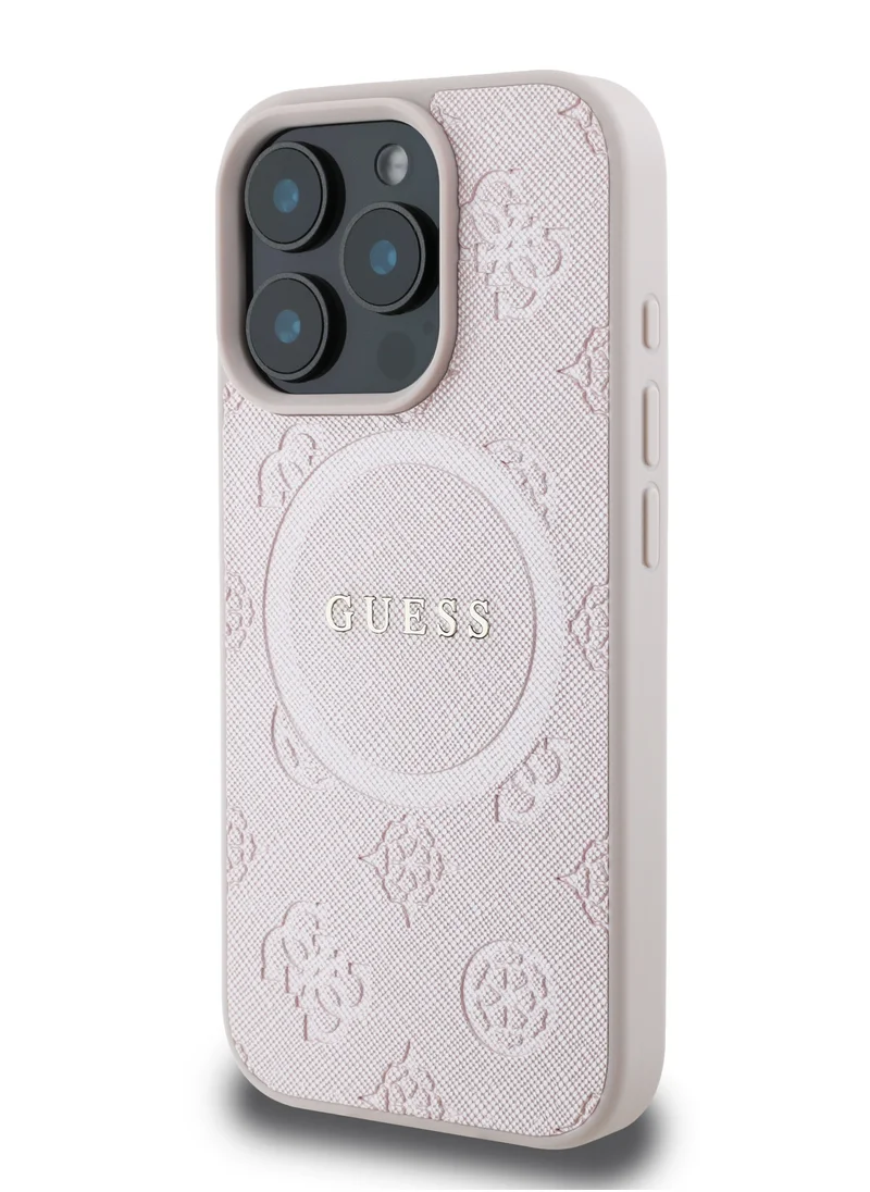 GUESS Magsafe Saffiano PU Peony Hot Stamp Pattern And Classic Logo Case for iPhone 16 Pro Max - Pink