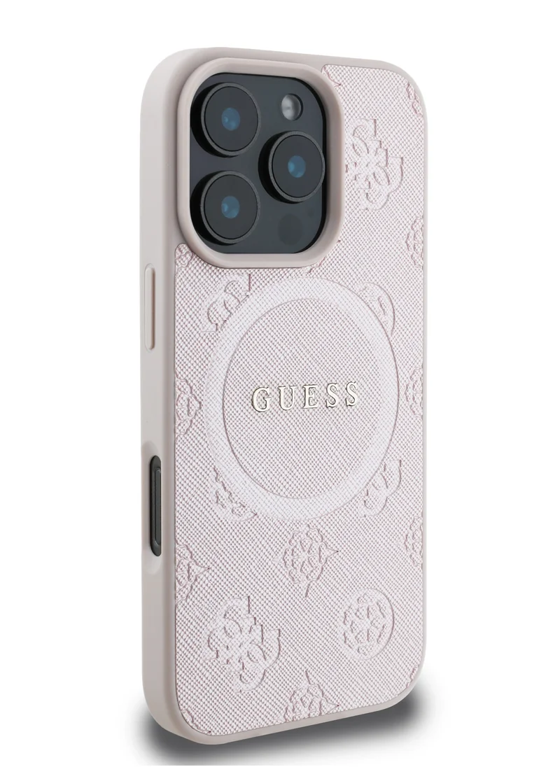GUESS Magsafe Saffiano PU Peony Hot Stamp Pattern And Classic Logo Case for iPhone 16 Pro Max - Pink