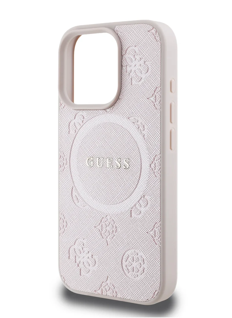 GUESS Magsafe Saffiano PU Peony Hot Stamp Pattern And Classic Logo Case for iPhone 16 Pro Max - Pink