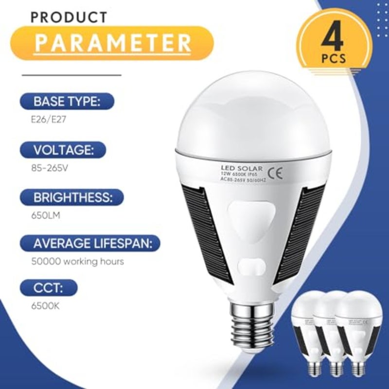 Emergency LED solar bulbs 4-pack for home power failure and outdoor camping, E26/E27 base, 7W rechargeable, 6000K daylight white, durable ABS plastic housing - Image 2