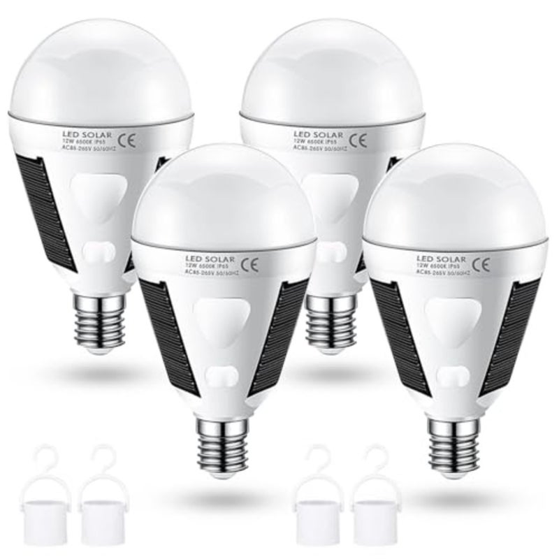 Emergency LED solar bulbs 4-pack for home power failure and outdoor camping, E26/E27 base, 7W rechargeable, 6000K daylight white, durable ABS plastic housing - Image 1