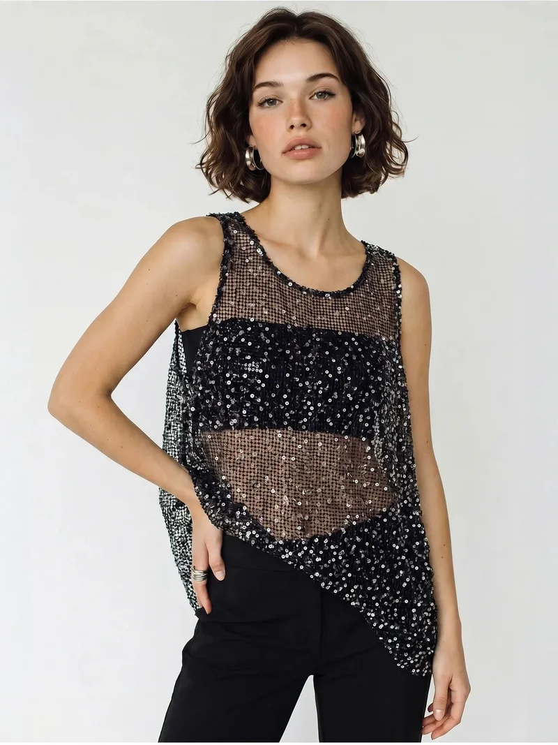 بيانكو لوتشي LUCCI Sleeveless Sequin Net Blouse