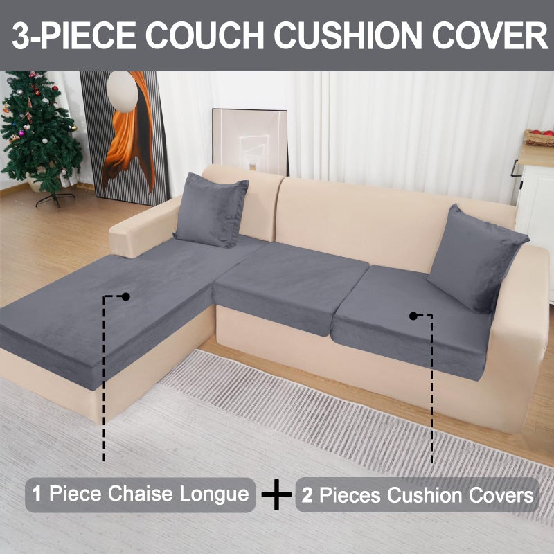 BT.WA Sectional Couch Covers for 3-Piece Seat Cushion Velvet Separate L Shape Couch Cover Stretch Sofa Slipcover with 2 Pieces Pillowcases Furniture Protector (Sofa 2 Seater + 1 Chaise  Dark Grey) - Image 2