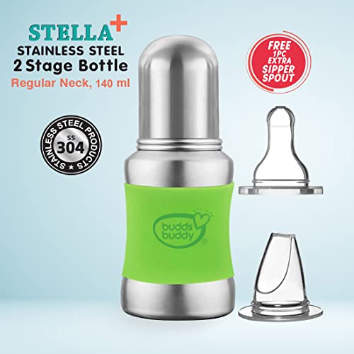 Buddsbuddy Stella Plus Neck New Born Baby Feeding Bottle made With High Grade Stainless Steel | Rust Free Feeding Bottle With Nipple | Leak Proof Baby Bottle | With Extra Spout Sipper | 180 ML | Green - Image 5