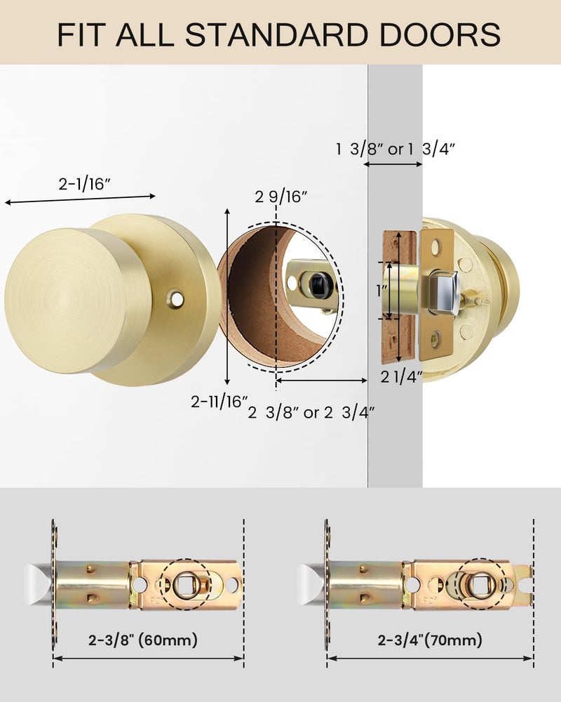 Haidms 1 Pack Brushed Gold Passage Door Knob For Hallway & Closet - Non-Locking Heavy Duty Interior Door Handle  Zinc Alloy Gold Closet Door Knob Round Ball Design - Image 4
