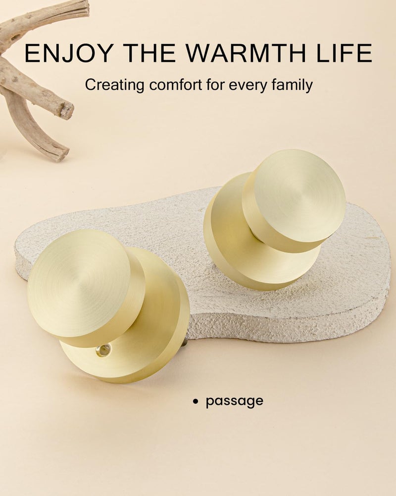 Haidms 1 Pack Brushed Gold Passage Door Knob For Hallway & Closet - Non-Locking Heavy Duty Interior Door Handle  Zinc Alloy Gold Closet Door Knob Round Ball Design - Image 2