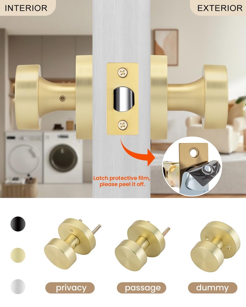 Haidms 1 Pack Brushed Gold Passage Door Knob For Hallway & Closet - Non-Locking Heavy Duty Interior Door Handle  Zinc Alloy Gold Closet Door Knob Round Ball Design - Image 3