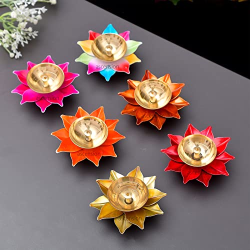 Ascension Handicraft Brass Lotus Diya for Puja Kamal Patti Flower Shaped Brass Diyas Oil Lamp for Pooja Room aarti Temple mandir Home Decoration & Gift Purposes (Pack of 6) - Image 1