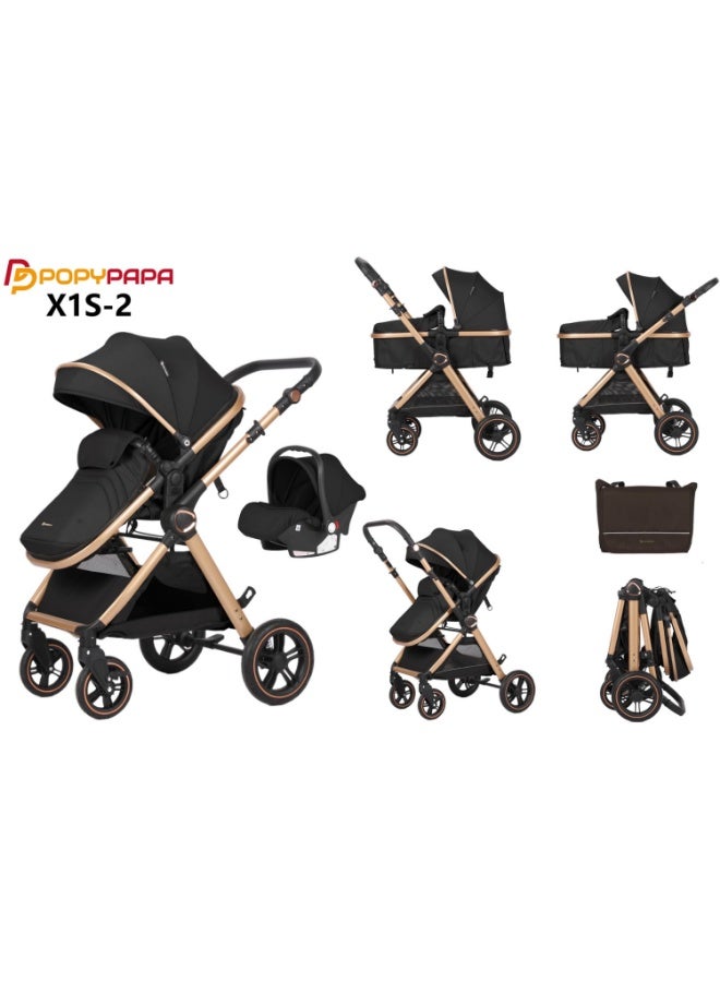 POPYPAPA X1S-2 3-in-1 Baby Travel System Stroller | Reversible Handle Parent Facing Mode | Bassinet + Toddler Seat + Infant Car Seat | Lightweight Foldable Pram | Premium Newborn to Toddler Stroller UAE