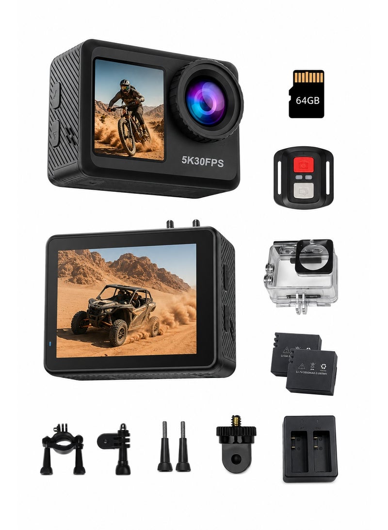 بلينك كاميرا أكشن True 5K بدقة 64MP مع شاشتين، واي فاي، ريموت كنترول، بطاقة 64GB وحافظة مقاومة للماء حتى 30 متر للتصوير الرياضي والفلوقات والمغامرات الخارجية - Image 1