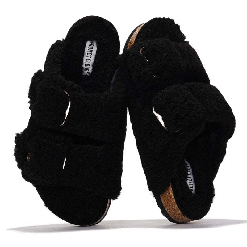 Project Cloud Genuine Leather Flat Sandals for Women 2026 Comfortable Beach Essentials Womens Sandals Memory Foam Vacation Essentials Slides for Women Footwear (SantoriniFur,BLK,8) - Image 1