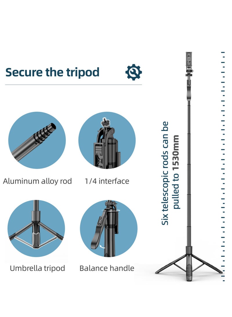 Kiboule - Selfie Stick 153 cm/60in Multi-function Selfie Stick Desktop Tripod with 6-Section Telescoping Rod 360°Rotatable Ball Head with Anti-shake Handle Phone Clip 1/4in Adapter & Remote Control - Image 1