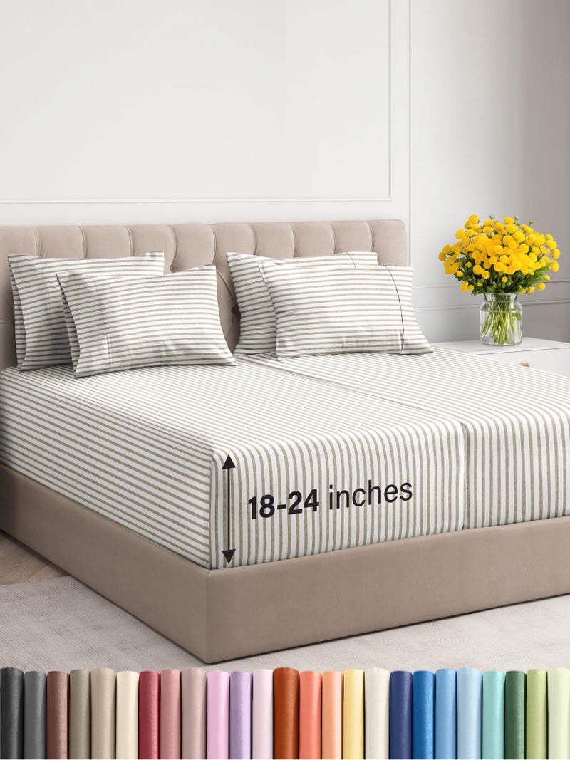 Extra Deep Split King Sheet Set - 7 Piece Breathable & Cooling Sheets - Hotel Luxury Bed Sheets Set - Easy Fit - Soft  Wrinkle Free & Comfy Sheets Set - Beige Striped Sheet Set w/Extra Deep Pockets