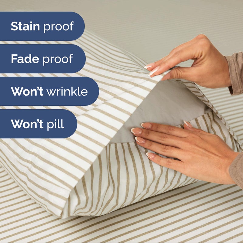 Extra Deep Split King Sheet Set - 7 Piece Breathable & Cooling Sheets - Hotel Luxury Bed Sheets Set - Easy Fit - Soft  Wrinkle Free & Comfy Sheets Set - Beige Striped Sheet Set w/Extra Deep Pockets